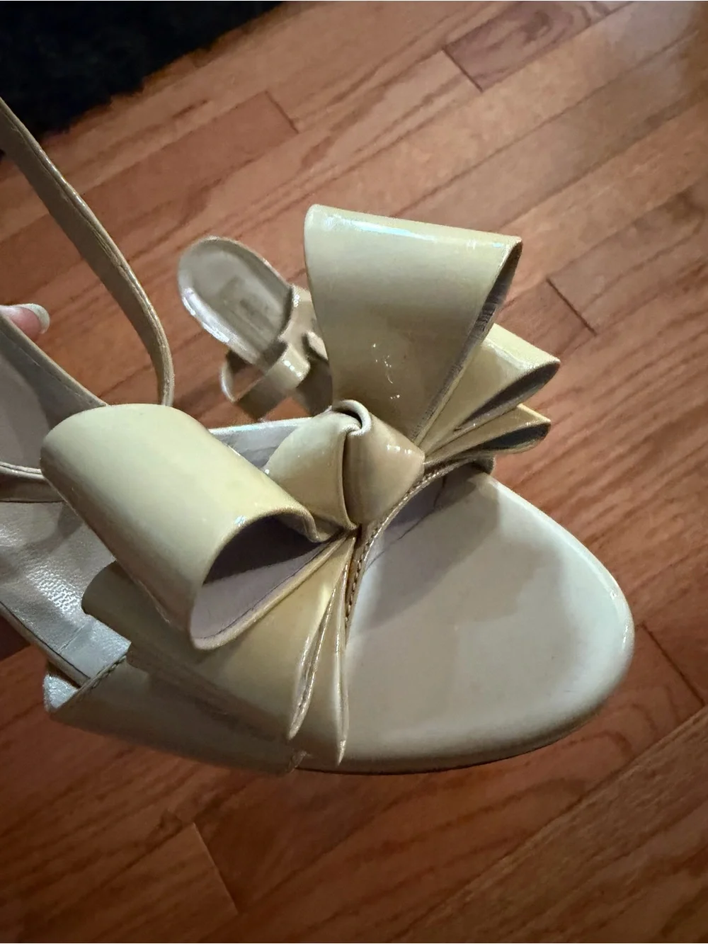 Valentino Cream Patent Leather Bow Platform Sandals with Ankle Strap